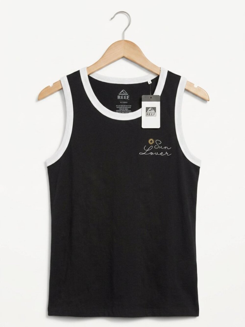 NWT Reef Women's Sun Lover Ringer Tank Top Black White Graphic Tee S